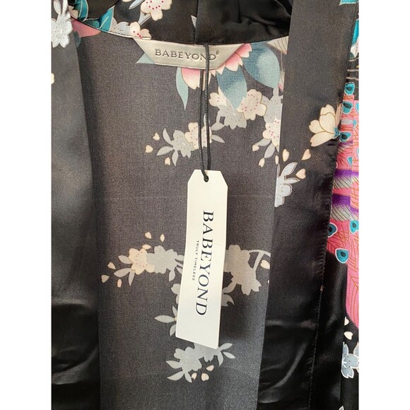 Vtg NWT BABEYOND Satin Kimono Robe Women's M/L Black Floral Peacock Y2K Boho - Picture 10 of 13